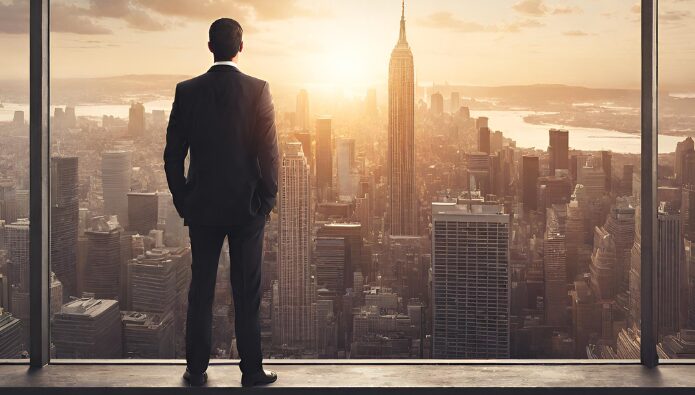 10 nytårsforsæt for iværksættere - en forretningsmand der kigger udover en skyline
