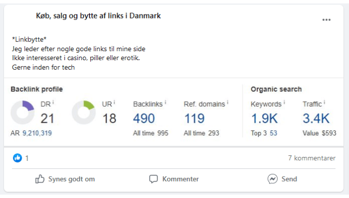 linkbytte - linkbuilding - billede af et opslag fra facebook om linkbytte